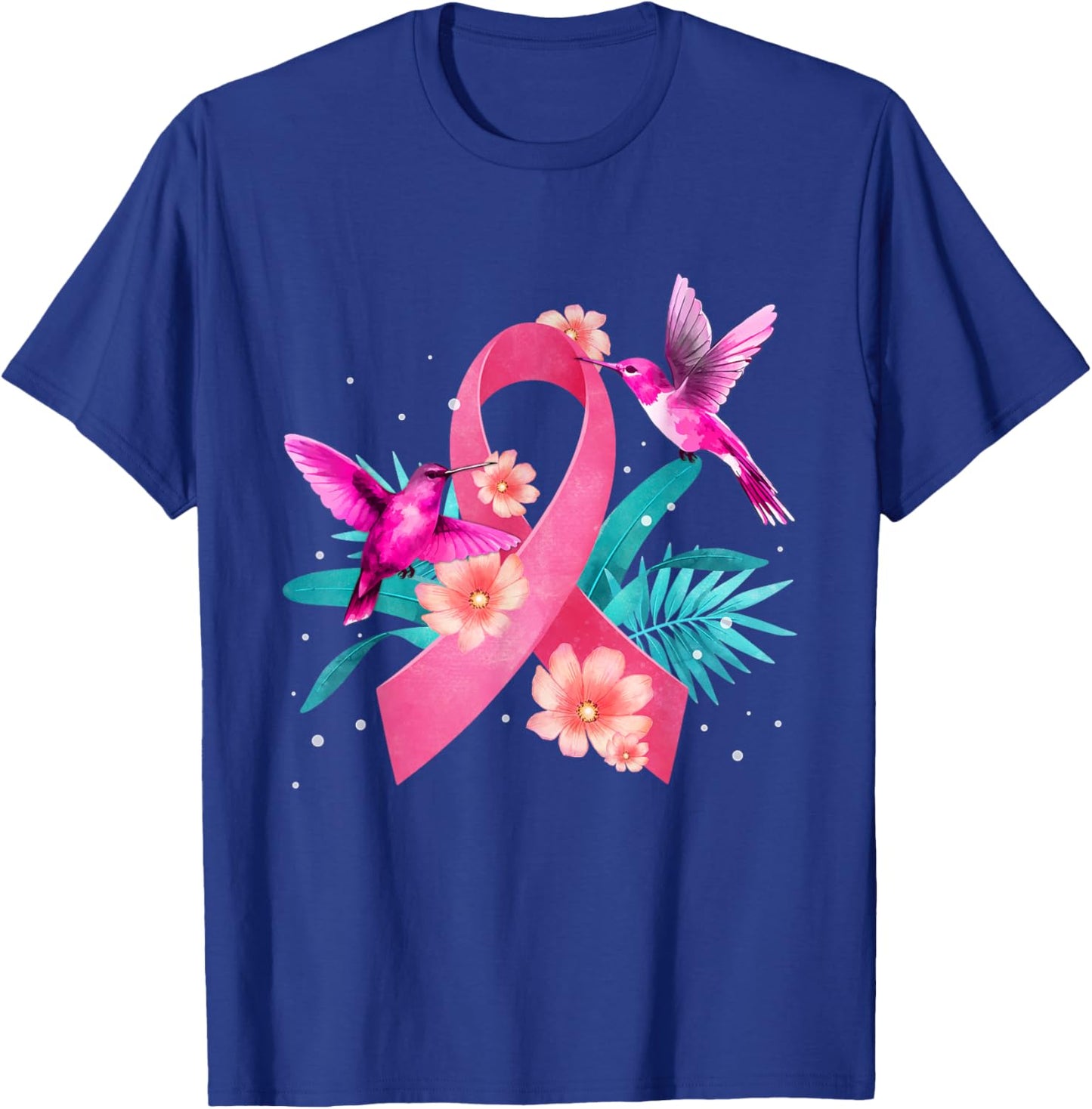 Hummingbird Breast Cancer Awareness Pink Ribbon Flowers T-Shirt - T-Shirt | Royal