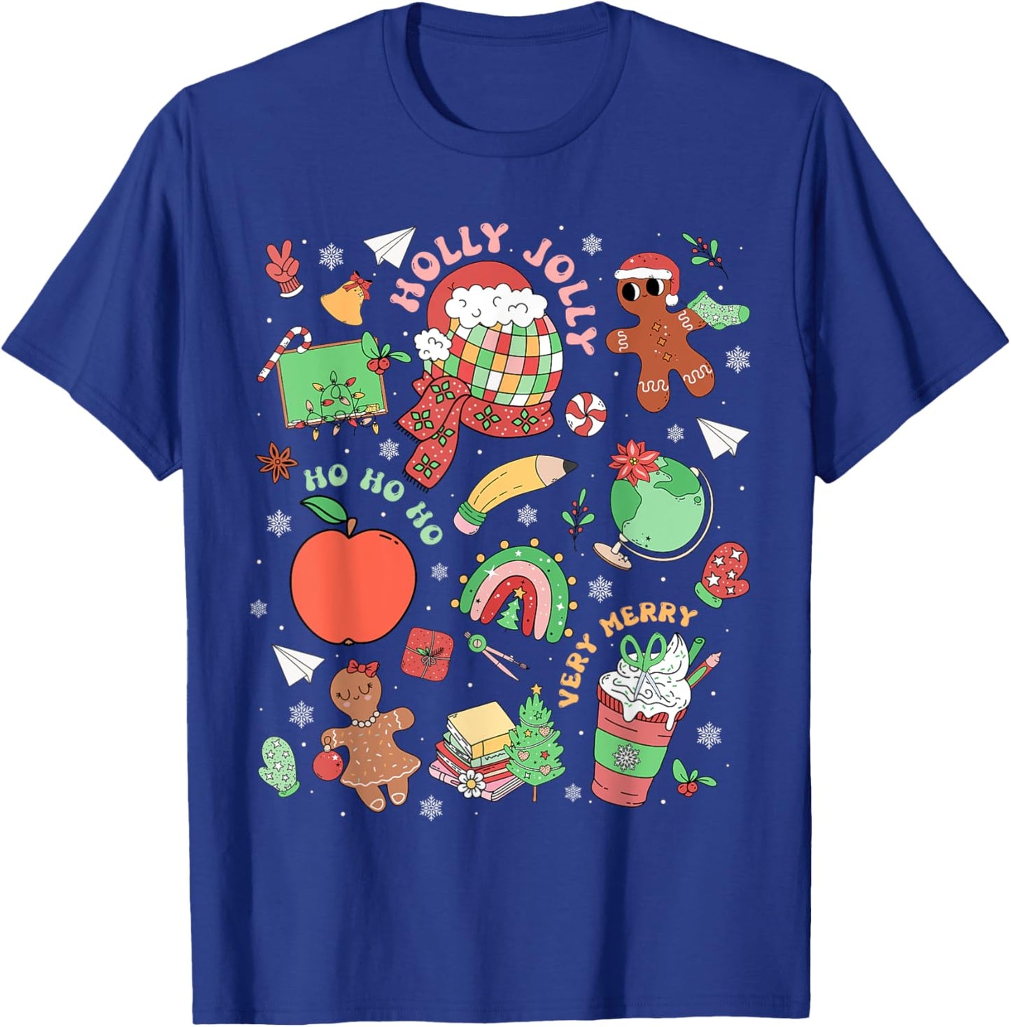 Retro Very Merry Teacher Gingerbread Rainbow Xmas Holiday T-Shirt - T-Shirt | Royal