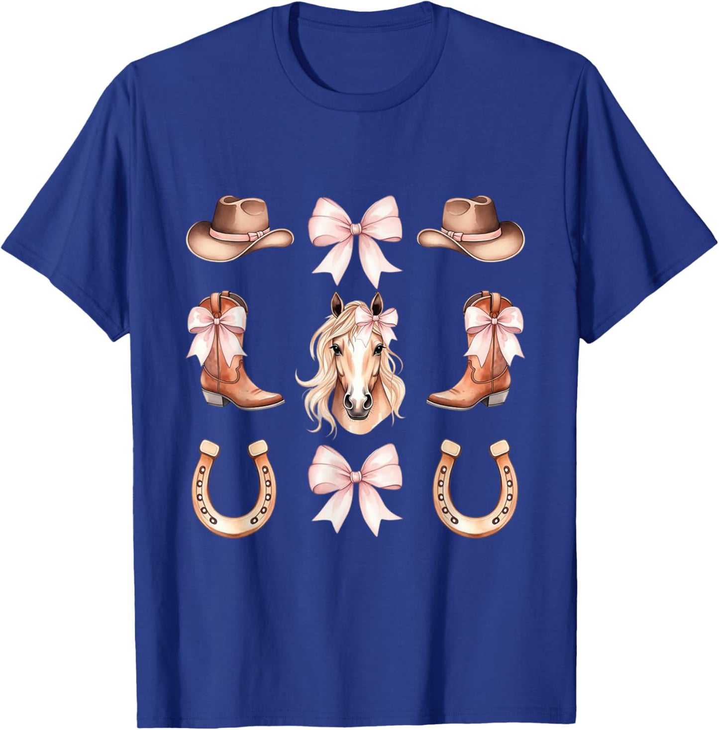 Coquette Cowgirl Aesthetic Horse and Boots with Pink Bows T-Shirt - T-Shirt | Royal