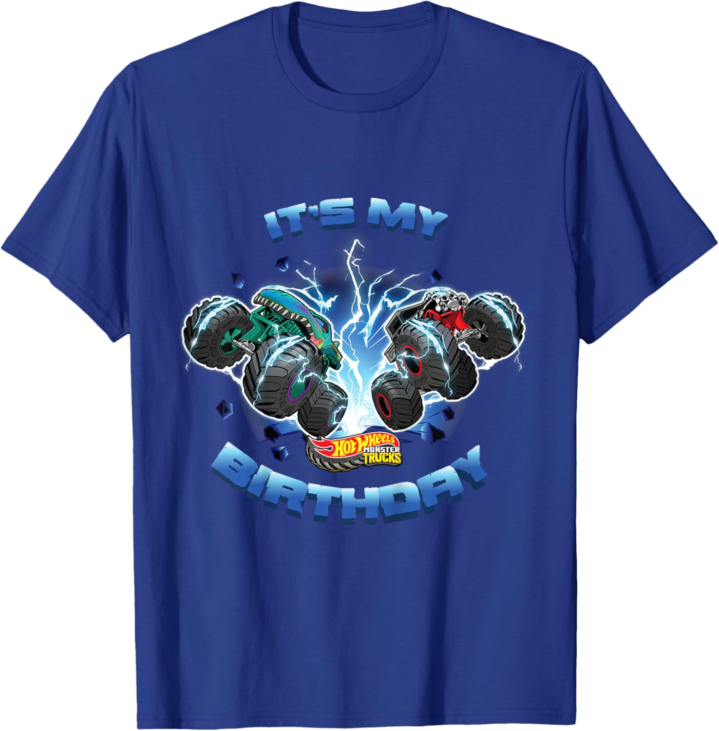Kids Hot Wheels Monster Trucks - It's My Birthday Smash and Crash T-Shirt - T-Shirt | Royal