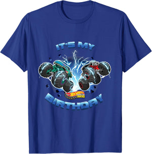 Kids Hot Wheels Monster Trucks - It's My Birthday Smash and Crash T-Shirt - T-Shirt | Royal