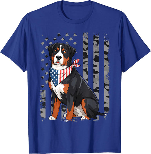 Camo American Flag Greater Swiss Mountain Dog 4th Of July T-Shirt - T-Shirt | Royal