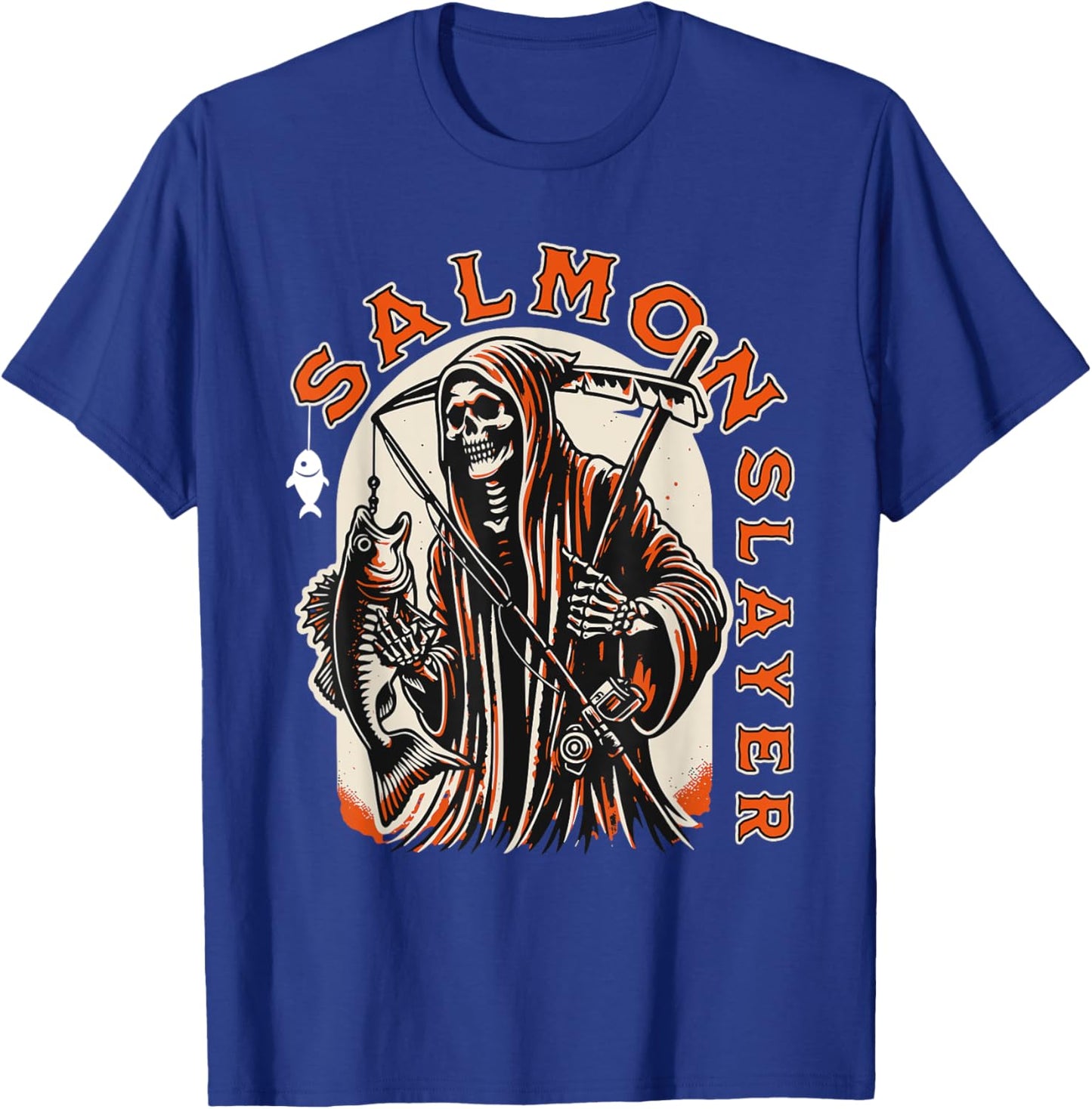 Salmon Slayer Funny skeleton Fishing Salmon Fish T-Shirt - T-Shirt | Royal