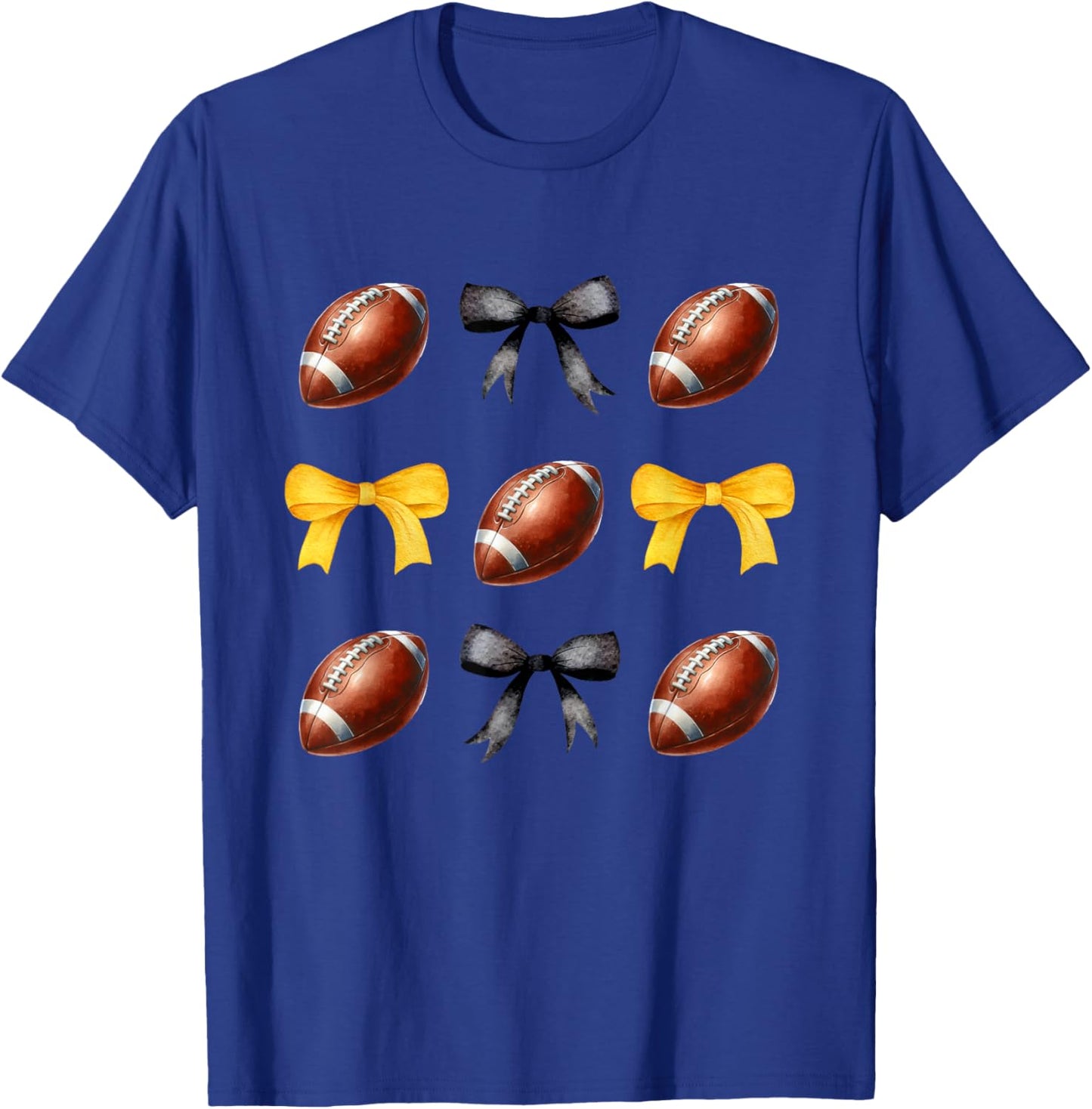 Black & Gold Footballs & Bows Fall Autumn Football Season T-Shirt - T-Shirt | Royal