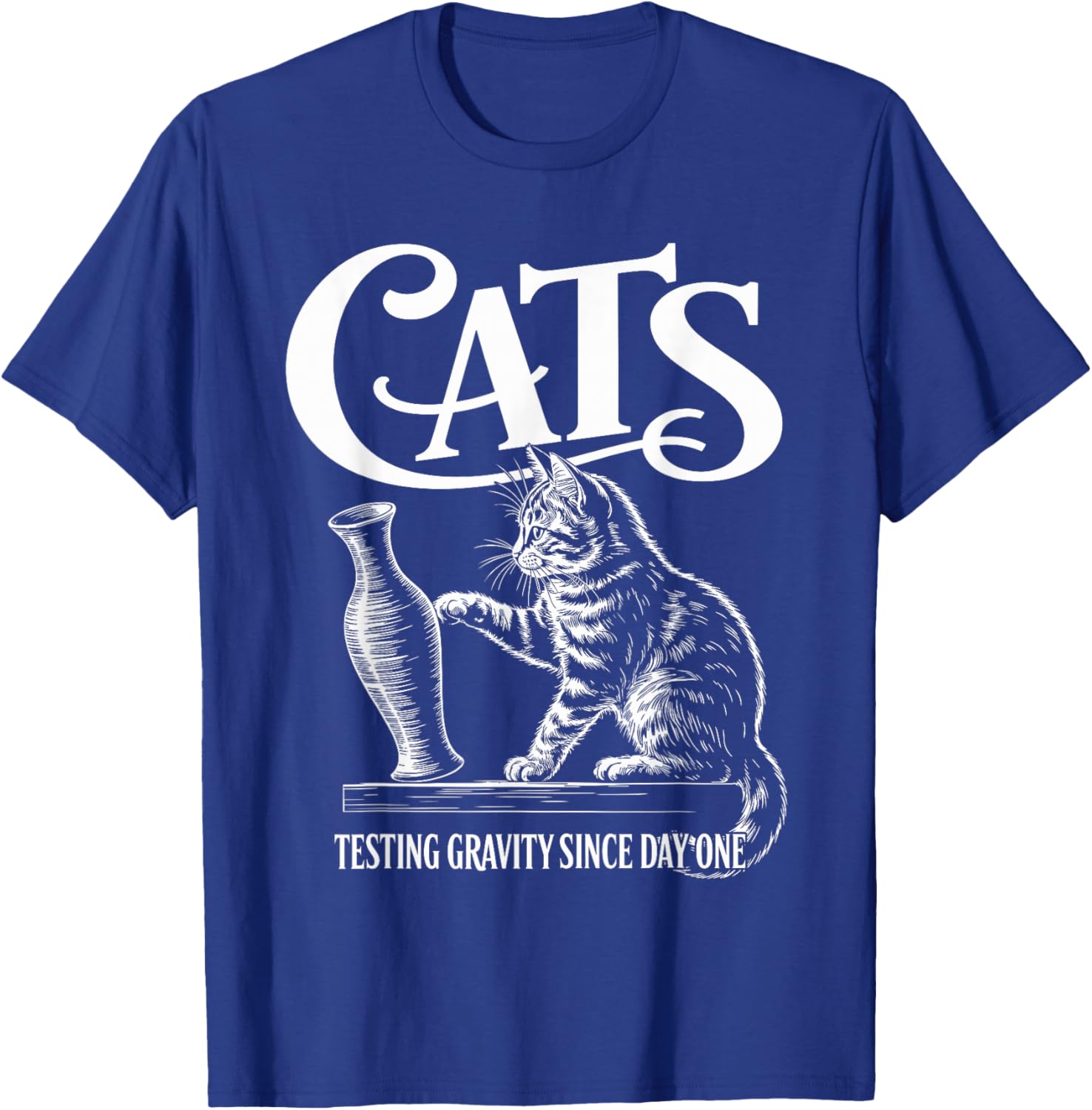 Funny Cat Physics Testing Gravity Since Day One, Math Joke T-Shirt - T-Shirt | Royal