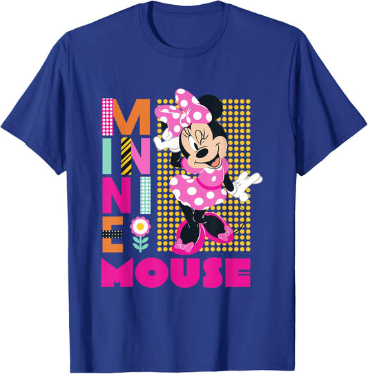 Disney Minnie Mouse Smiling Polka Dot Retro Logo Stack T-Shirt - T-Shirt | Royal