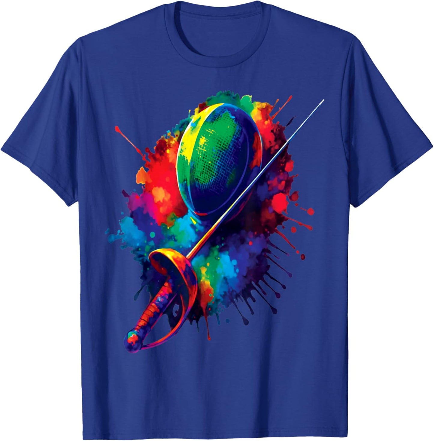 Fencing Splash Art - Fencing Sport Colorful Mask and Sword T-Shirt - T-Shirt | Royal