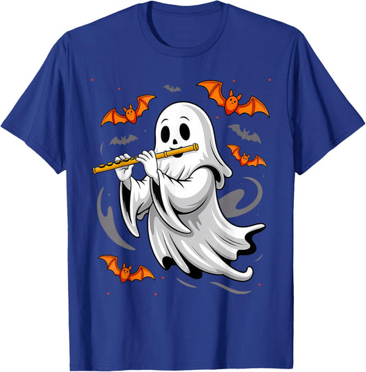 Boo Ghost Playing Flute Halloween Musical Instrument T-Shirt - T-Shirt | Royal