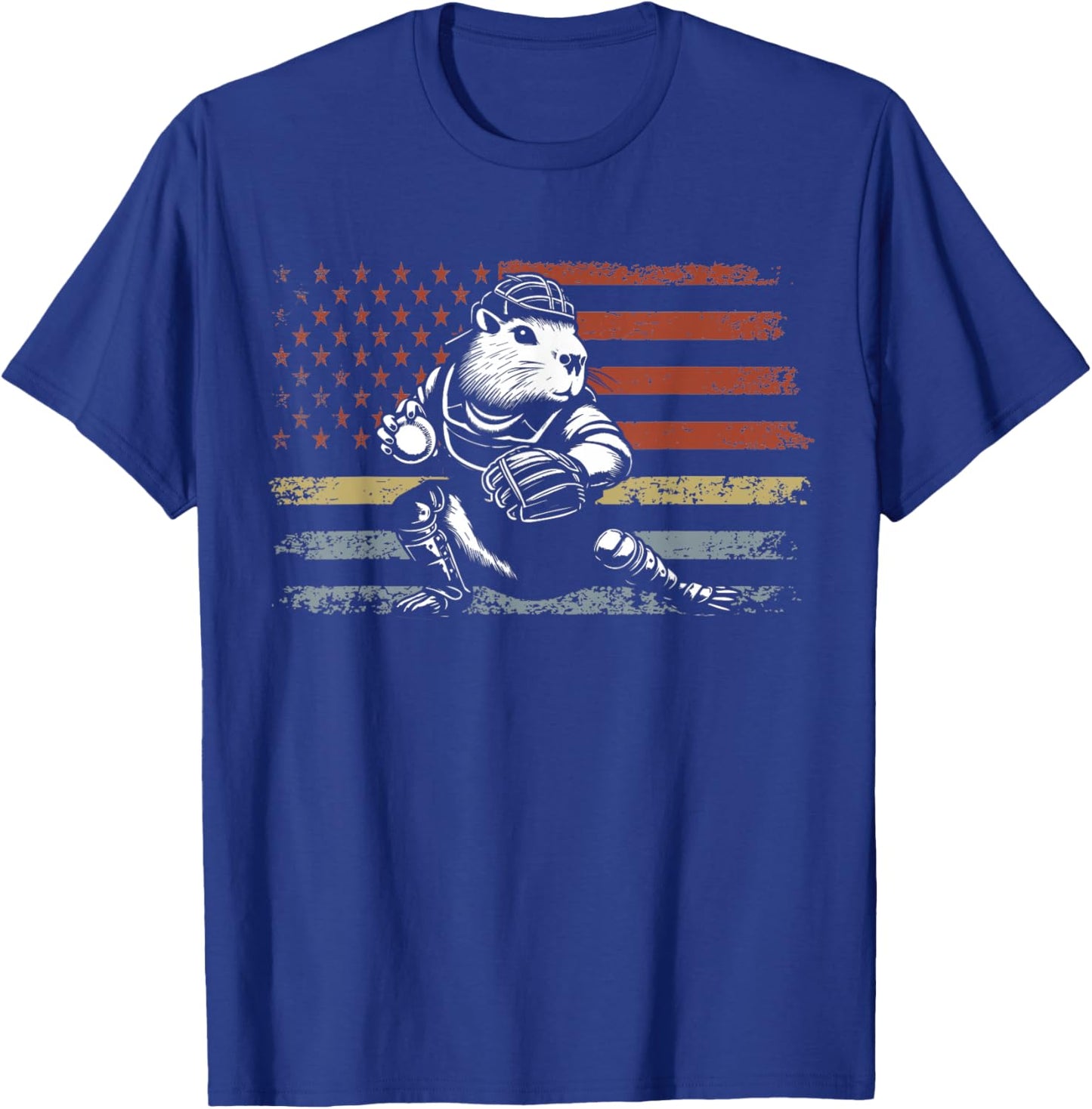 Capybara Baseball Retro Usa Flag Capybara Catcher Baseball T-Shirt - T-Shirt | Royal
