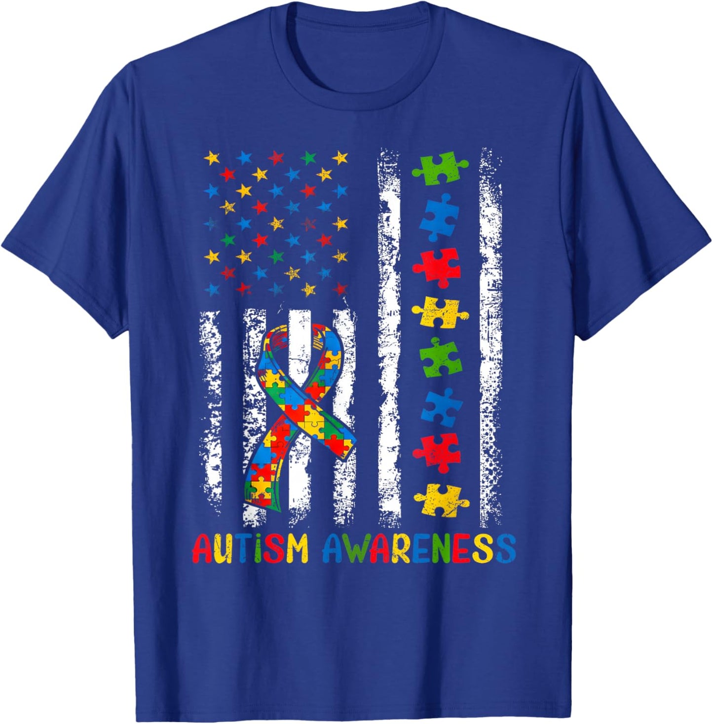 World Autism Awareness Day Puzzle USA Flag Men Women Kid T-Shirt - T-Shirt | Royal