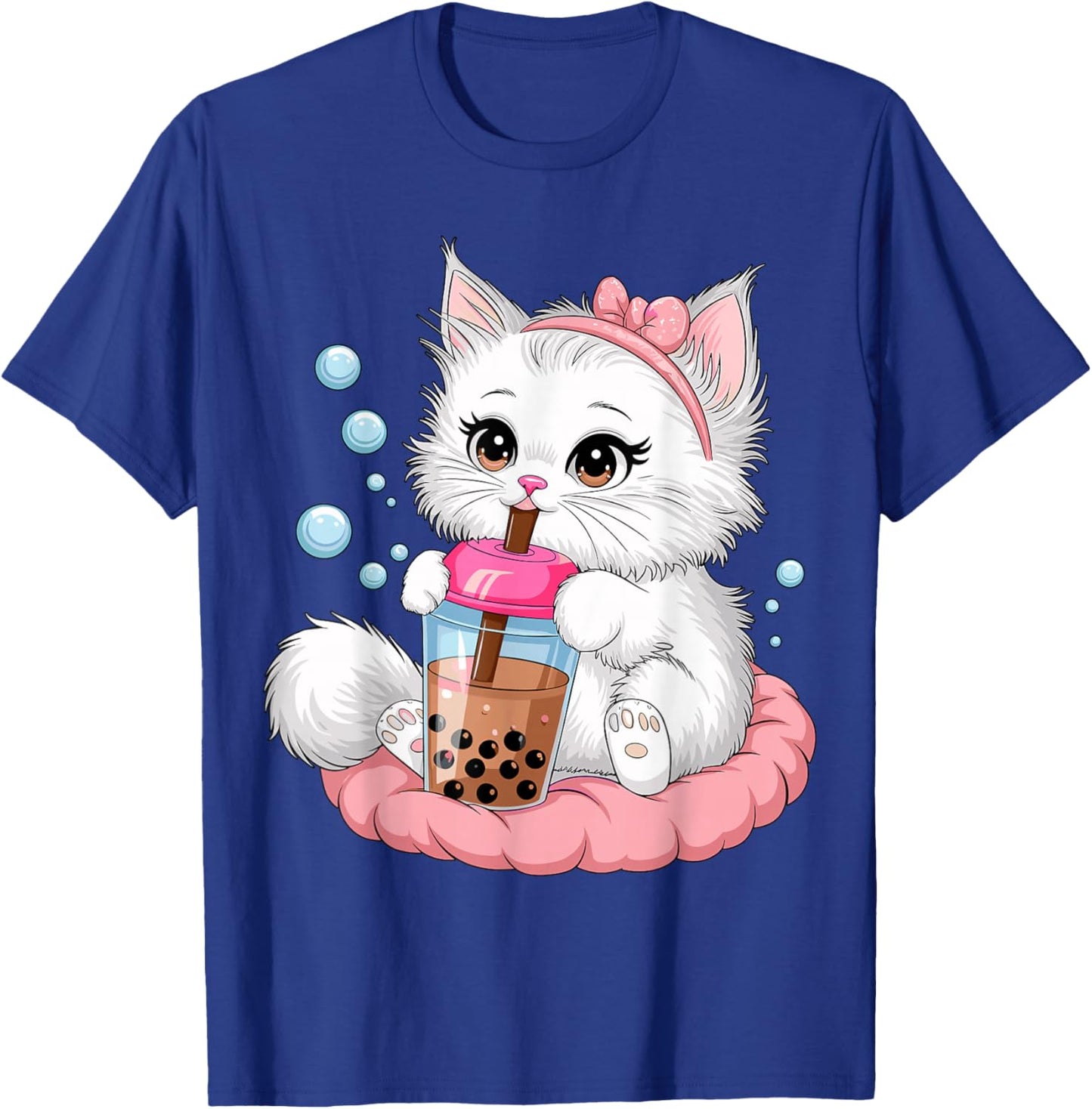 Cute White Cat Drinking Boba Tea T-Shirt - T-Shirt | Royal