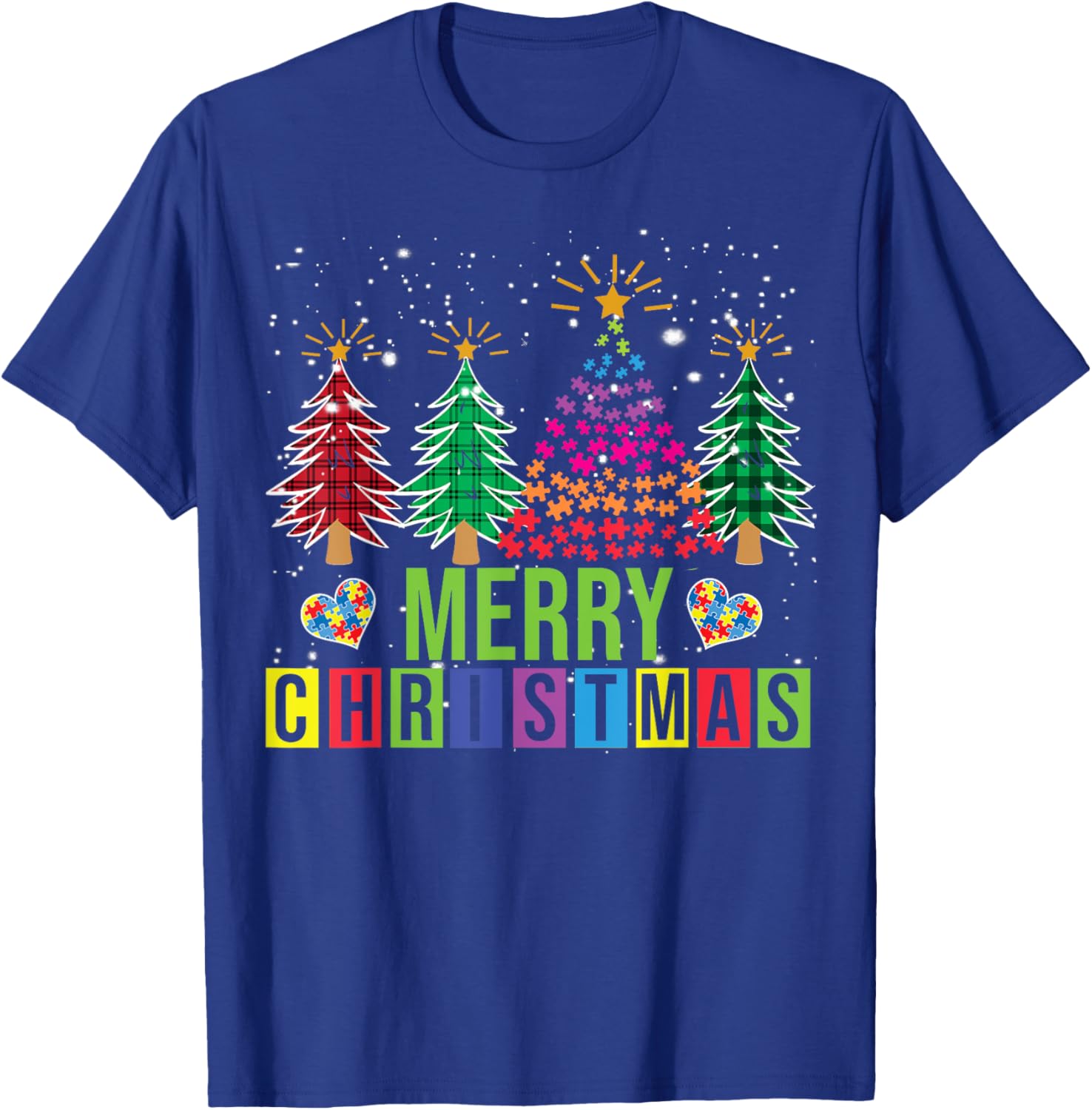 Autism Merry Christmas Tree Buffalo Plaid Matching Family T-Shirt - T-Shirt | Royal