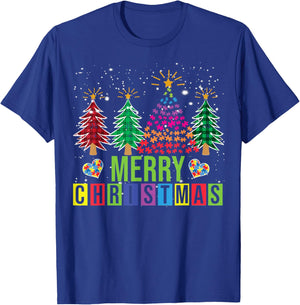 Autism Merry Christmas Tree Buffalo Plaid Matching Family T-Shirt - T-Shirt | Royal