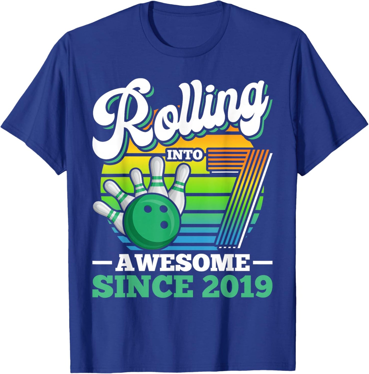 Rolling Into 7 Boy Retro Bowling Birthday Party 7th Birthday T-Shirt - T-Shirt | Royal
