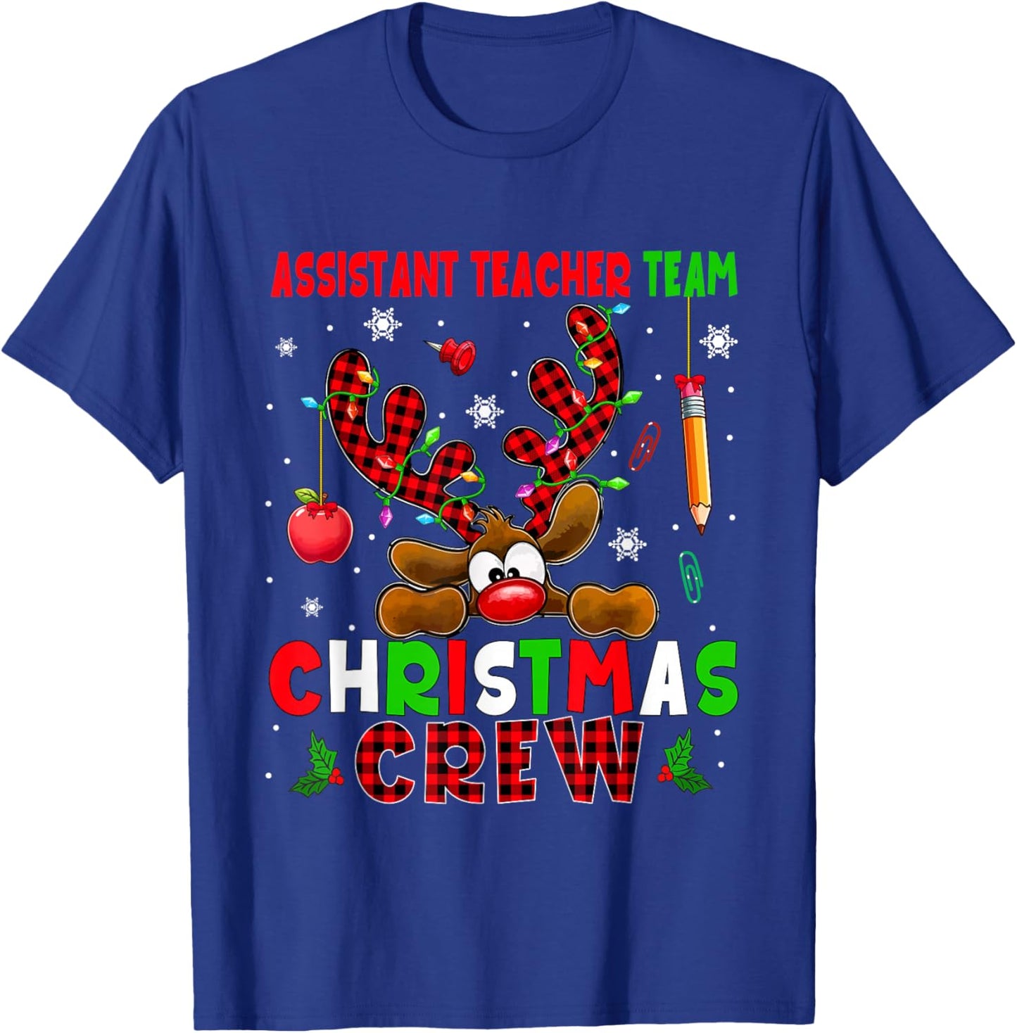 Assistant Teacher Team Christmas Crew Job Colorful Reindeer T-Shirt - T-Shirt | Royal