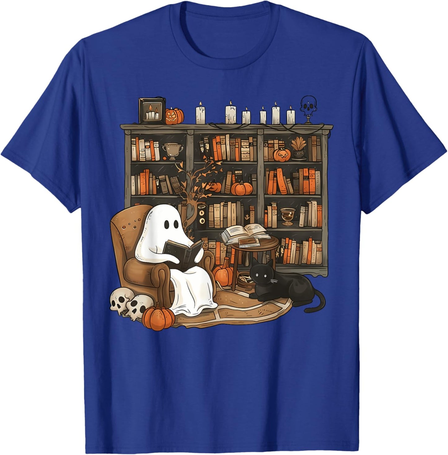 Vintage Ghost Reading Book Lovers Library Halloween Spooky T-Shirt - T-Shirt | Royal