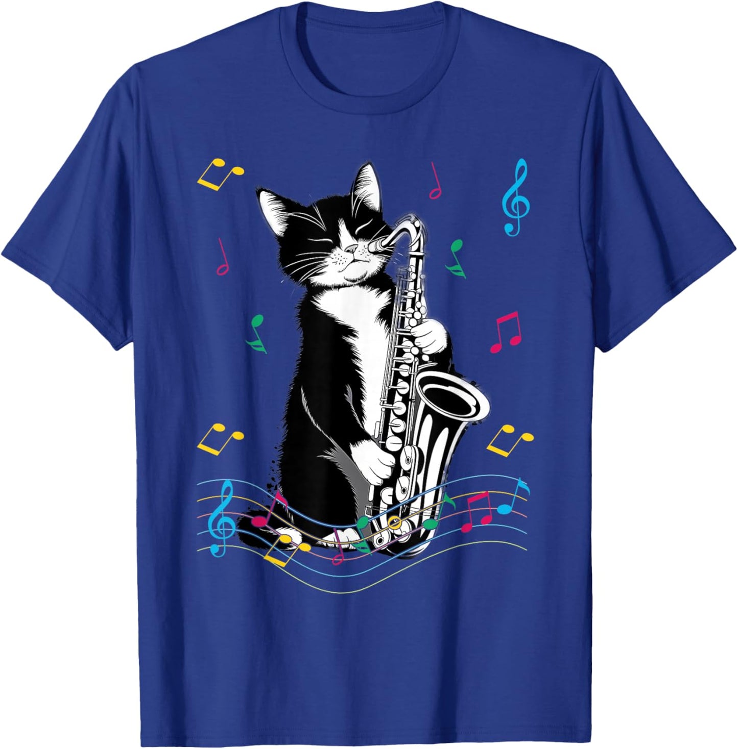 Cat Playing Saxophone Funny Cat Jazz Sax Music Saxophonist T-Shirt - T-Shirt | Royal