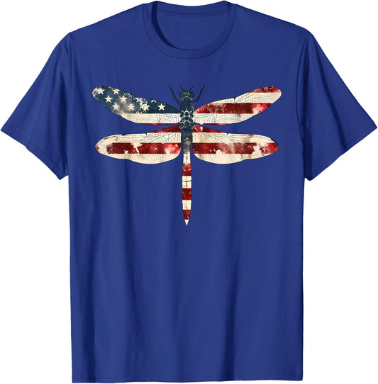 American Flag Dragonfly Patriotic 4th of July Red White Blue T-Shirt - T-Shirt | Royal