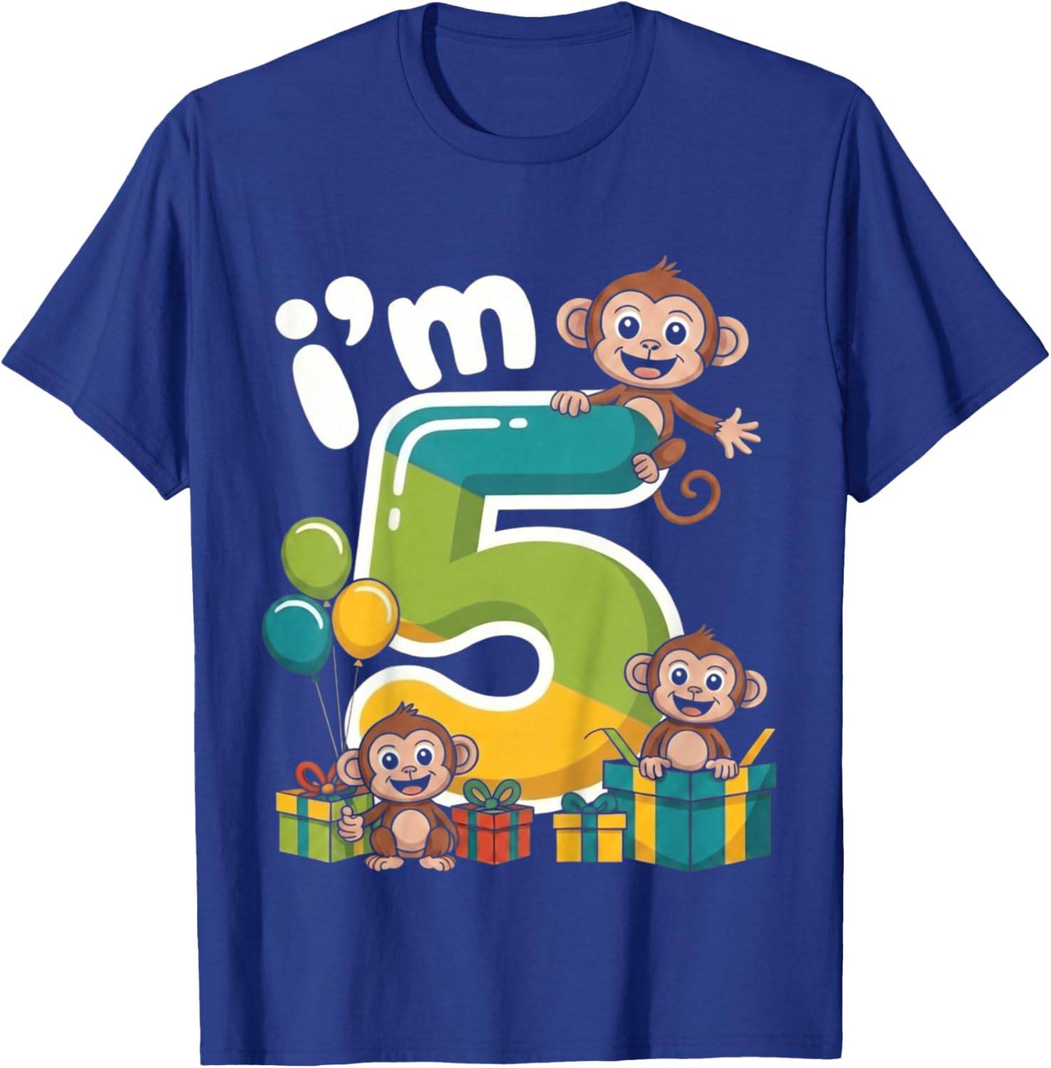 Kids Five 5yr 5th Birthday Monkey Party Jungle 5 Year Old Boys T-Shirt - T-Shirt | Royal