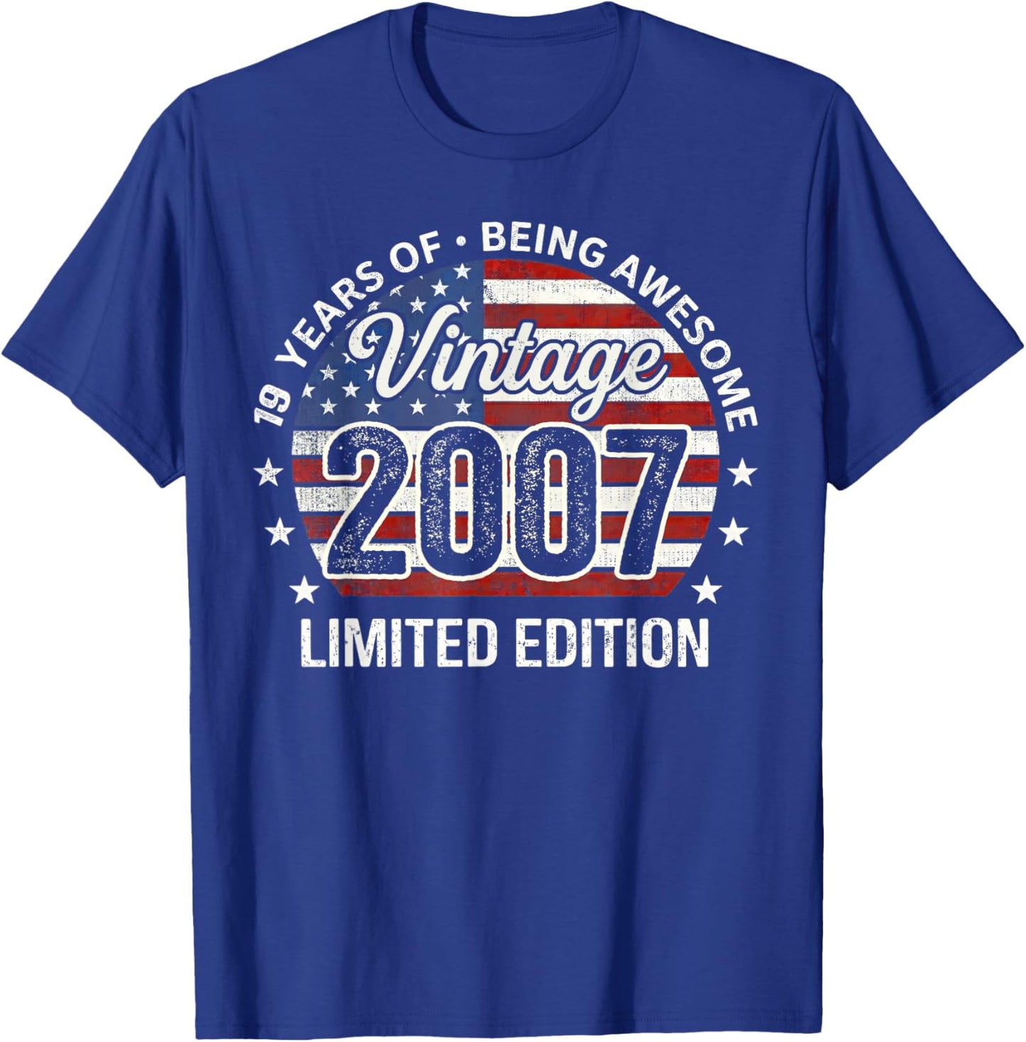 Vintage Awesome Since 2007 Retro 19th Birthday USA Flag T-Shirt - T-Shirt | Royal