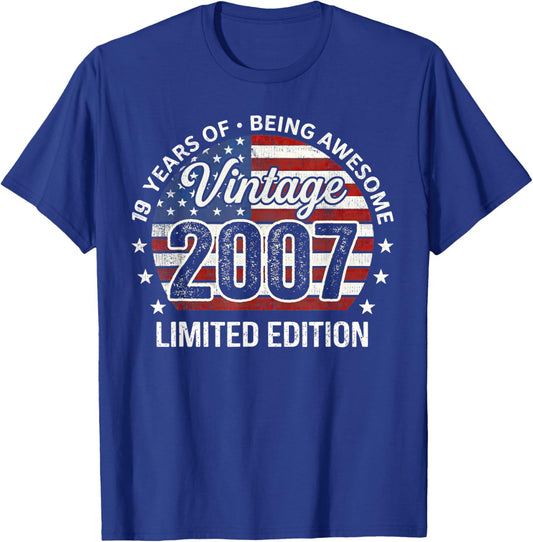 Vintage Awesome Since 2007 Retro 19th Birthday USA Flag T-Shirt - T-Shirt | Royal