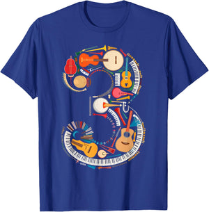 Musical Instruments Theme 3rd Birthday Musician Music Player T-Shirt - T-Shirt | Royal