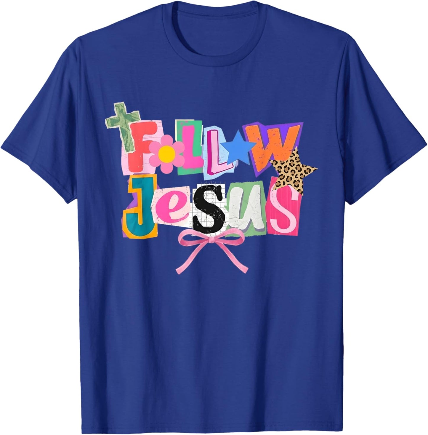Preppy Follow Jesus Collage Y2K Coquette Faith Bow Leopard T-Shirt - T-Shirt | Royal