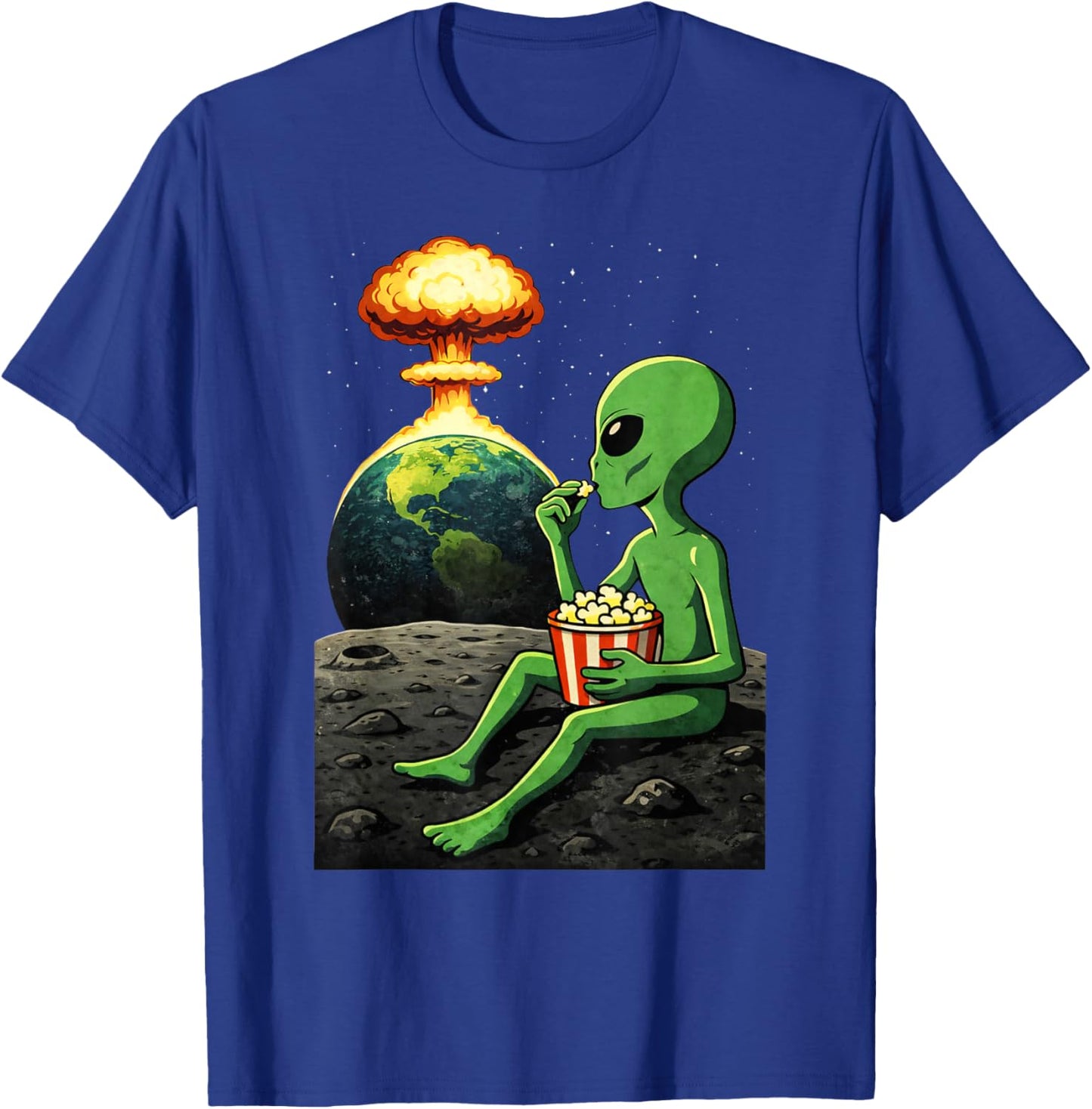 Funny Alien Watching Earth Popcorn Space Humor T-Shirt - T-Shirt | Royal