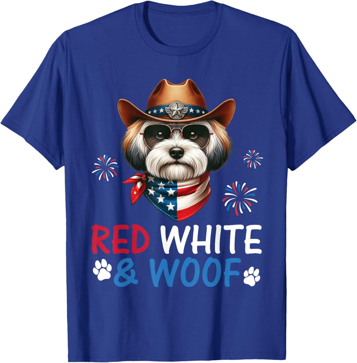 Havanese Dog Cowboy Costume Fireworks Red White and Woof T-Shirt - T-Shirt | Royal