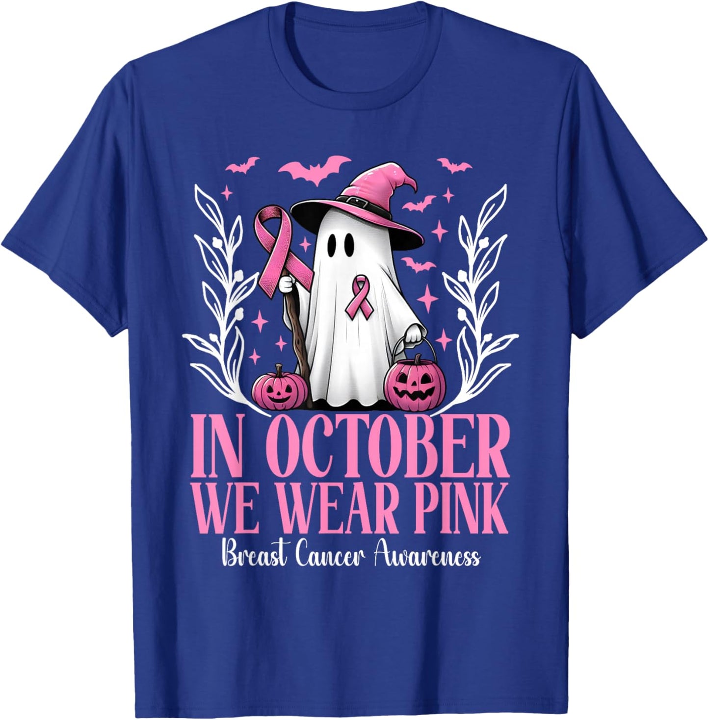 In October We Wear Pink Breast Cancer Witch Ghost Halloween T-Shirt - T-Shirt | Royal