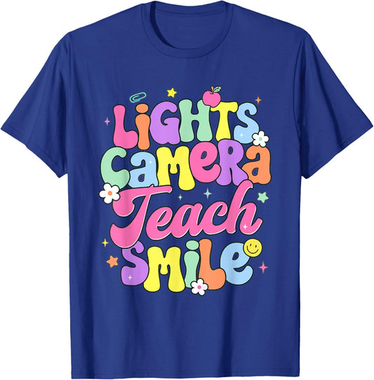 Retro Lights Camera Teach Smile Back To School Teacher Women T-Shirt - T-Shirt | Royal