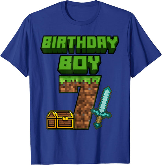7 Year Old BDay Decorations 7th Birthday Boy Game Pixel T-Shirt - T-Shirt | Royal
