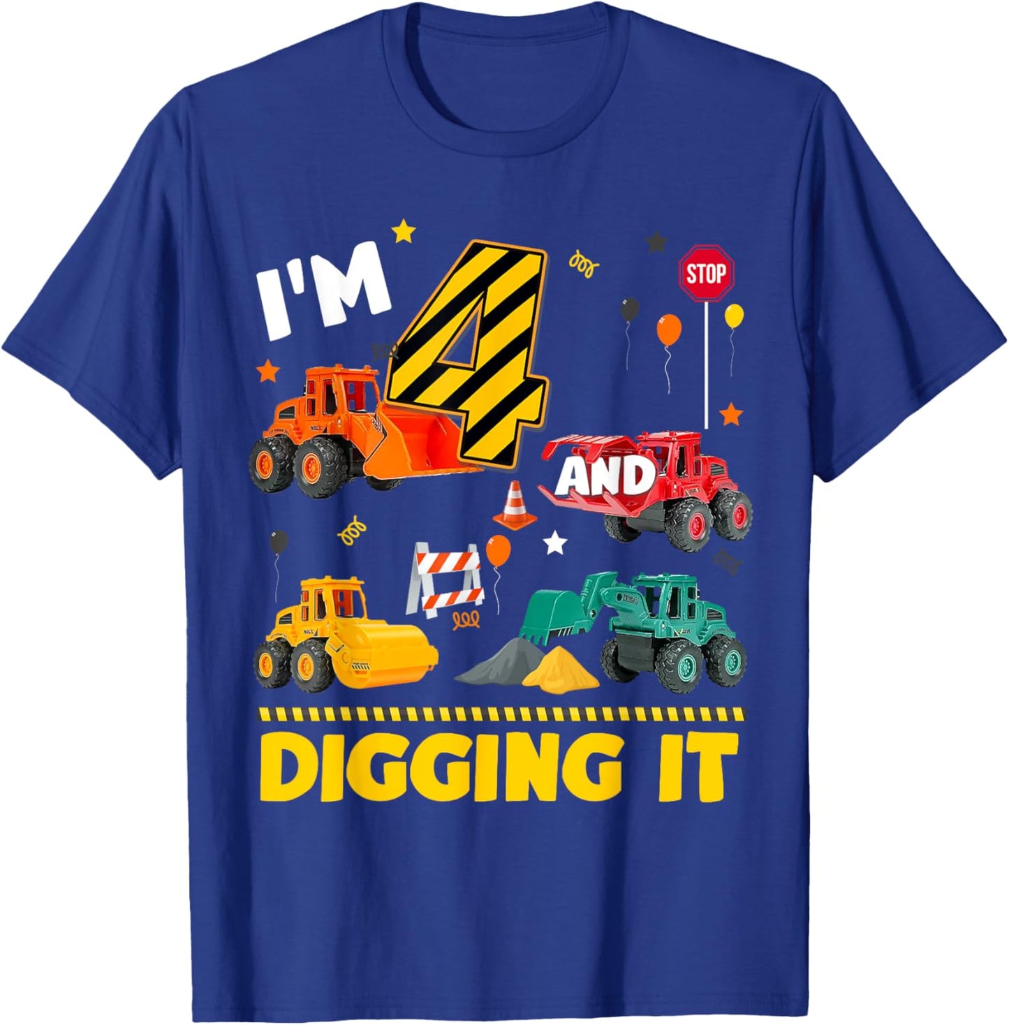 4th Birthday Construction Boy I'm 4 Year Old And Digging It T-Shirt - T-Shirt | Royal