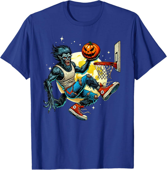 Halloween Werewolf Basketball Player Slam Dunk Graphic T-Shirt - T-Shirt | Royal