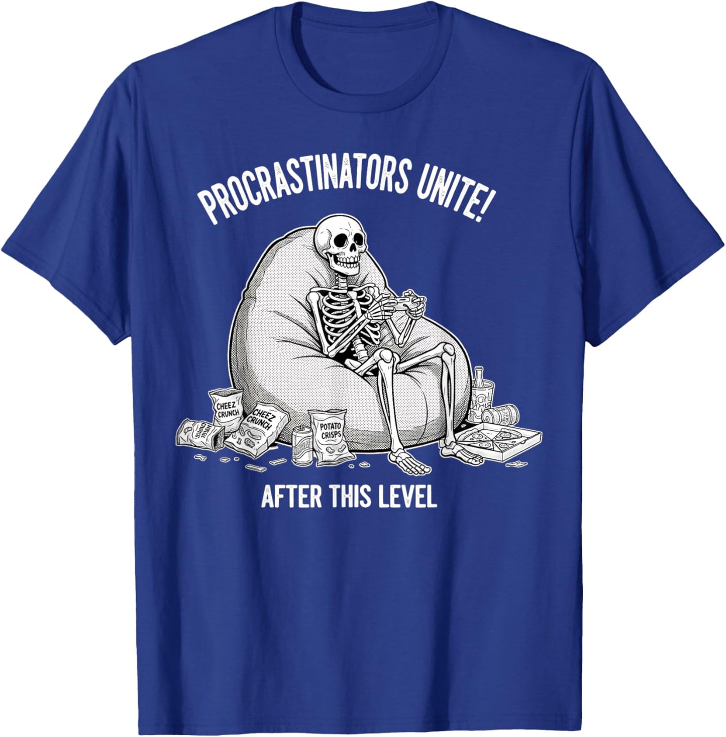 Procrastinators Unite Funny Skeleton Gaming Gamer Graphic T-Shirt - T-Shirt | Royal