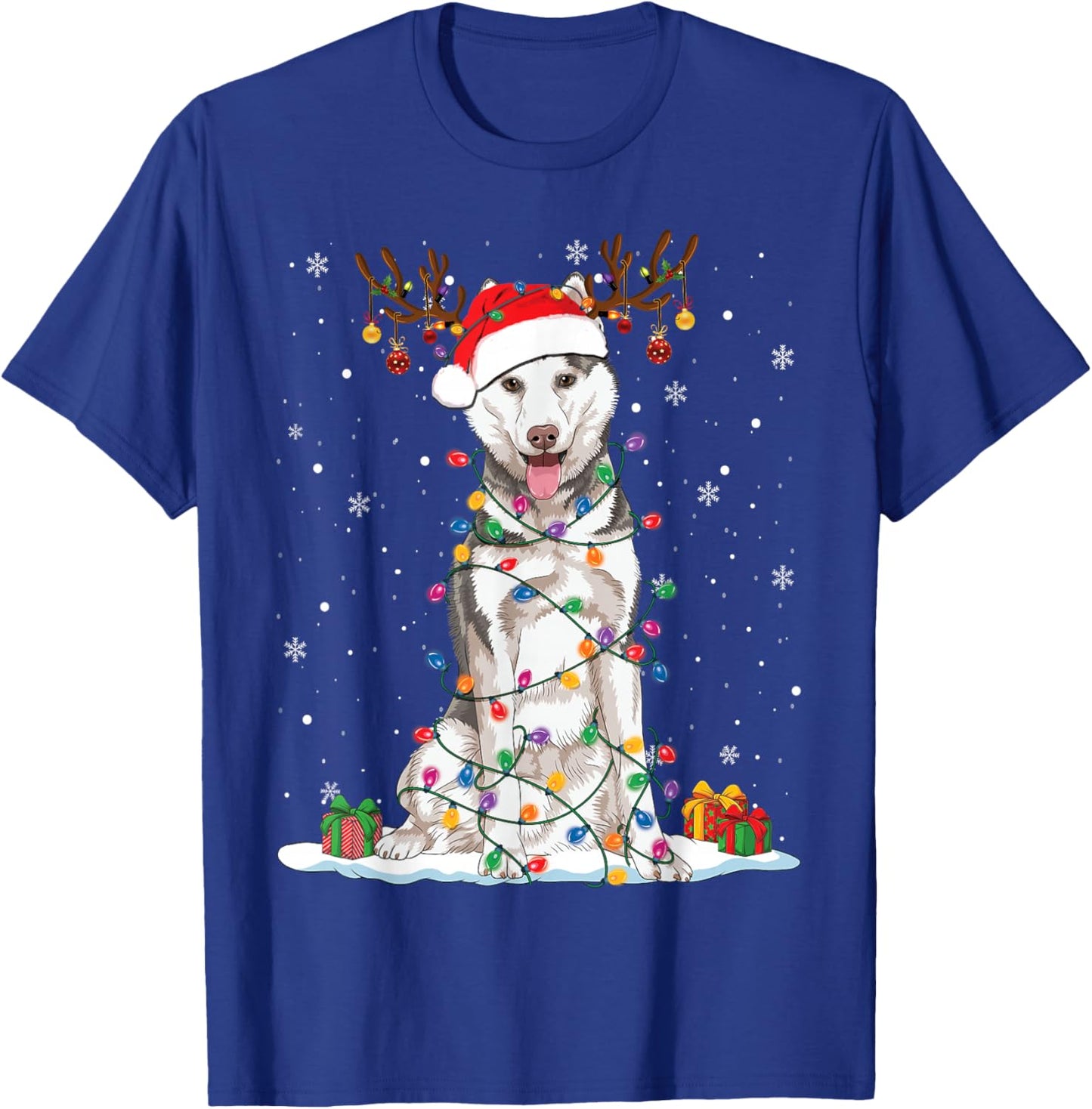 Funny Husky Dog Tree Christmas Lights Xmas Pajama Women Kids T-Shirt - T-Shirt | Royal
