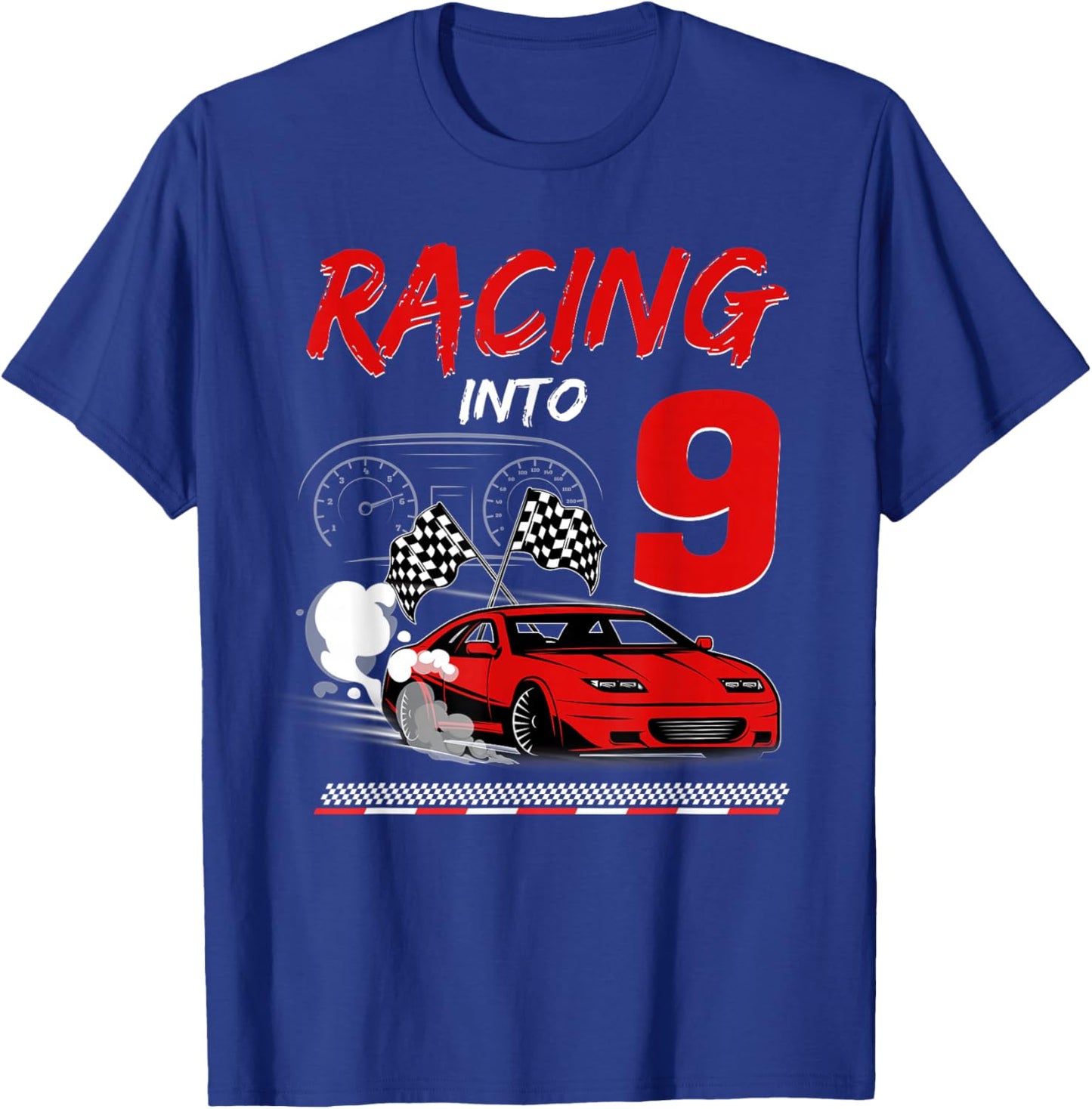 Racing into 9 Year Old Birthday Race Car 9th Boy Party T-Shirt - T-Shirt | Royal