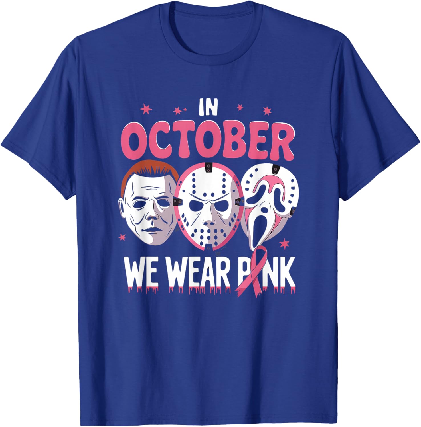 In October We Wear Pink Ghost Halloween Cancer Awareness T-Shirt - T-Shirt | Royal