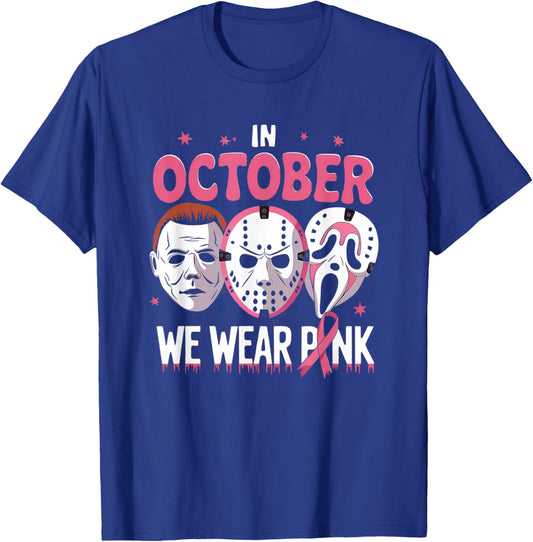 In October We Wear Pink Ghost Halloween Cancer Awareness T-Shirt - T-Shirt | Royal