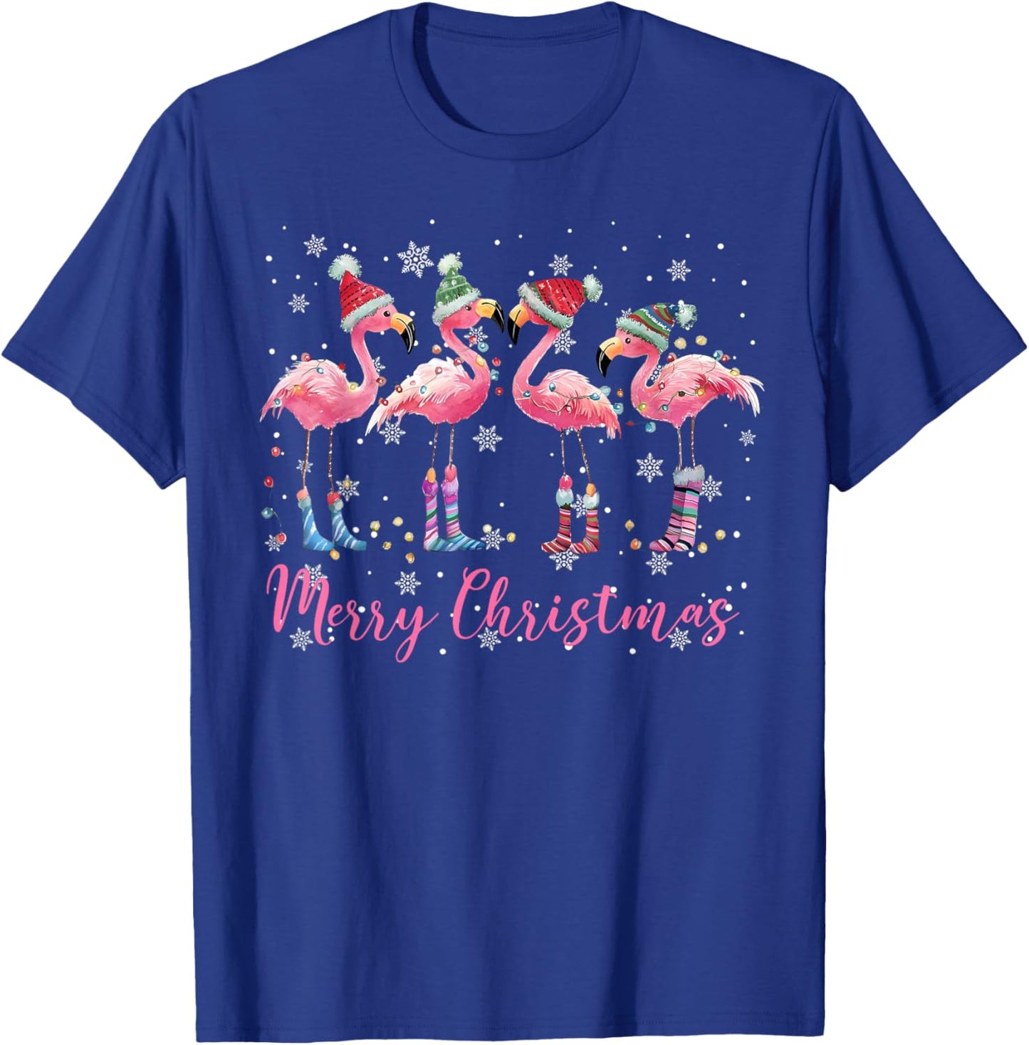 Merry Christmas Hat Santa Flamingo Light Christmas Snow Xmas T-Shirt - T-Shirt | Royal