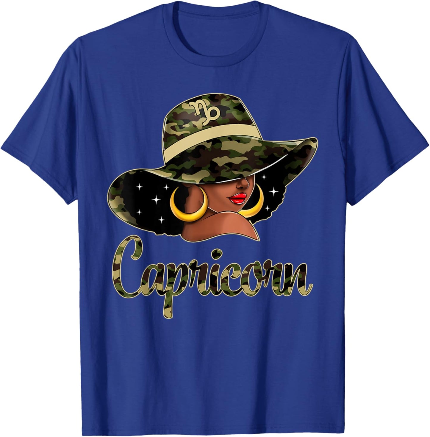 Capricorn Queen Black Woman With Hat Camo Afro Woman Zodiac T-Shirt - T-Shirt | Royal