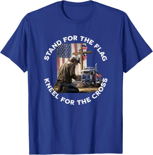 American Trucker Praying At The Cross & US Flag Christian T-Shirt - T-Shirt | Royal