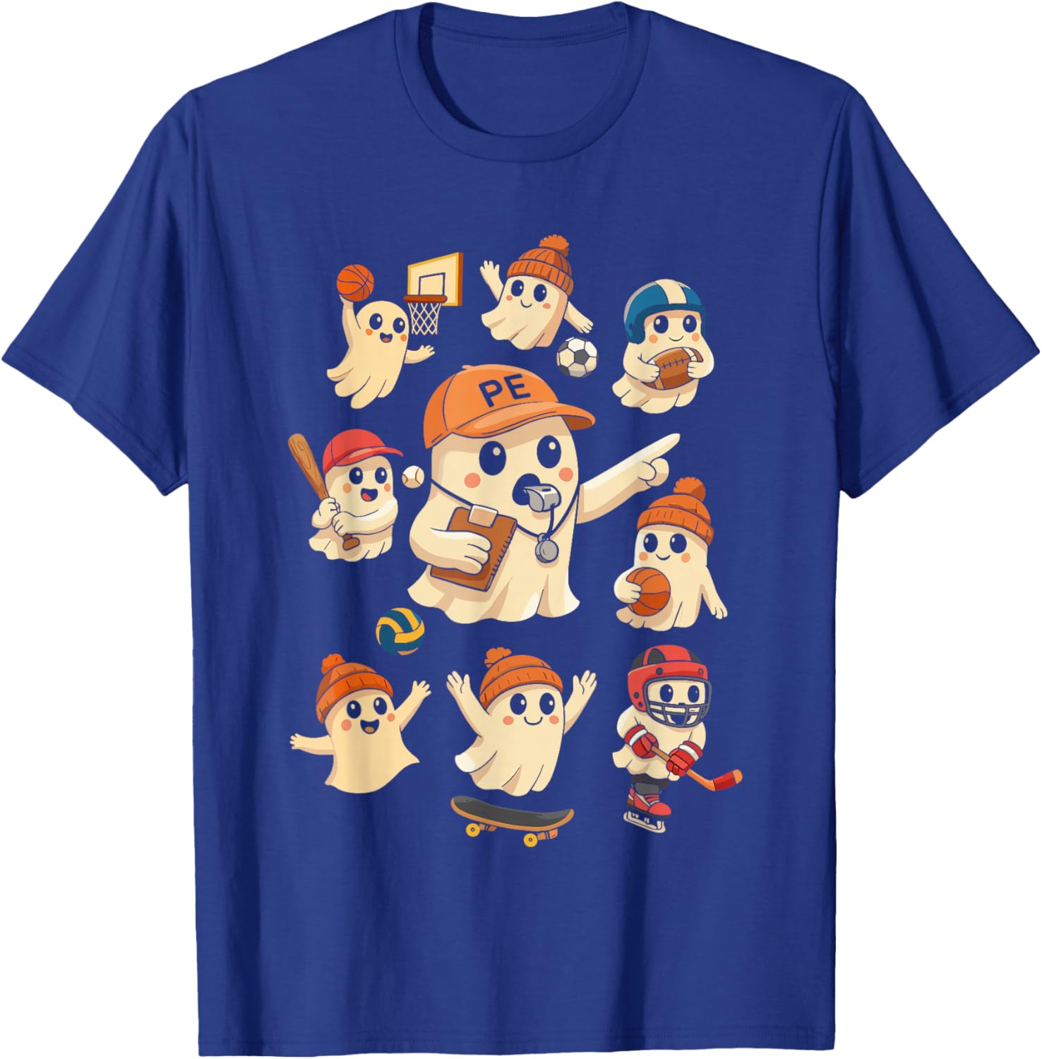 Halloween PE Teacher Ghost Playing Sports Physical Education T-Shirt - T-Shirt | Royal
