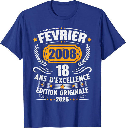 Vintage Birthday Gift 18 Years Born in February 2008 T-Shirt - T-Shirt | Royal