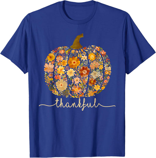 Pumpkin Wildflower Thankful Thanksgiving Autumn Leaves Retro T-Shirt - T-Shirt | Royal