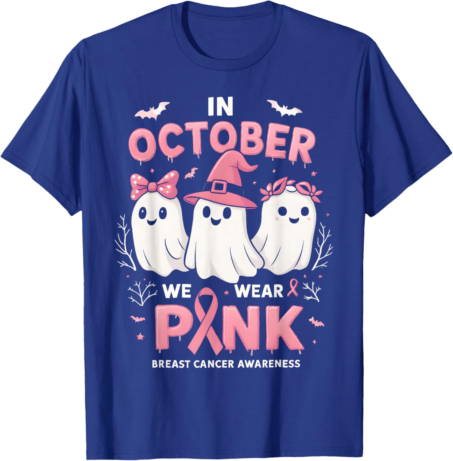in October We Wear Pink Ghost Halloween Women Breast Cancer T-Shirt - T-Shirt | Royal