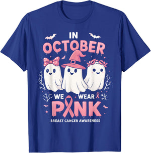in October We Wear Pink Ghost Halloween Women Breast Cancer T-Shirt - T-Shirt | Royal
