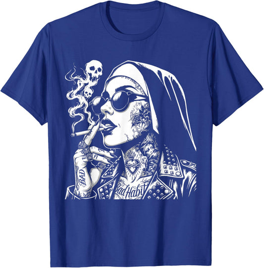 Bad Habit Nun Smoking Cigarette Tattoo Skull Smoke Street T-Shirt - T-Shirt | Royal