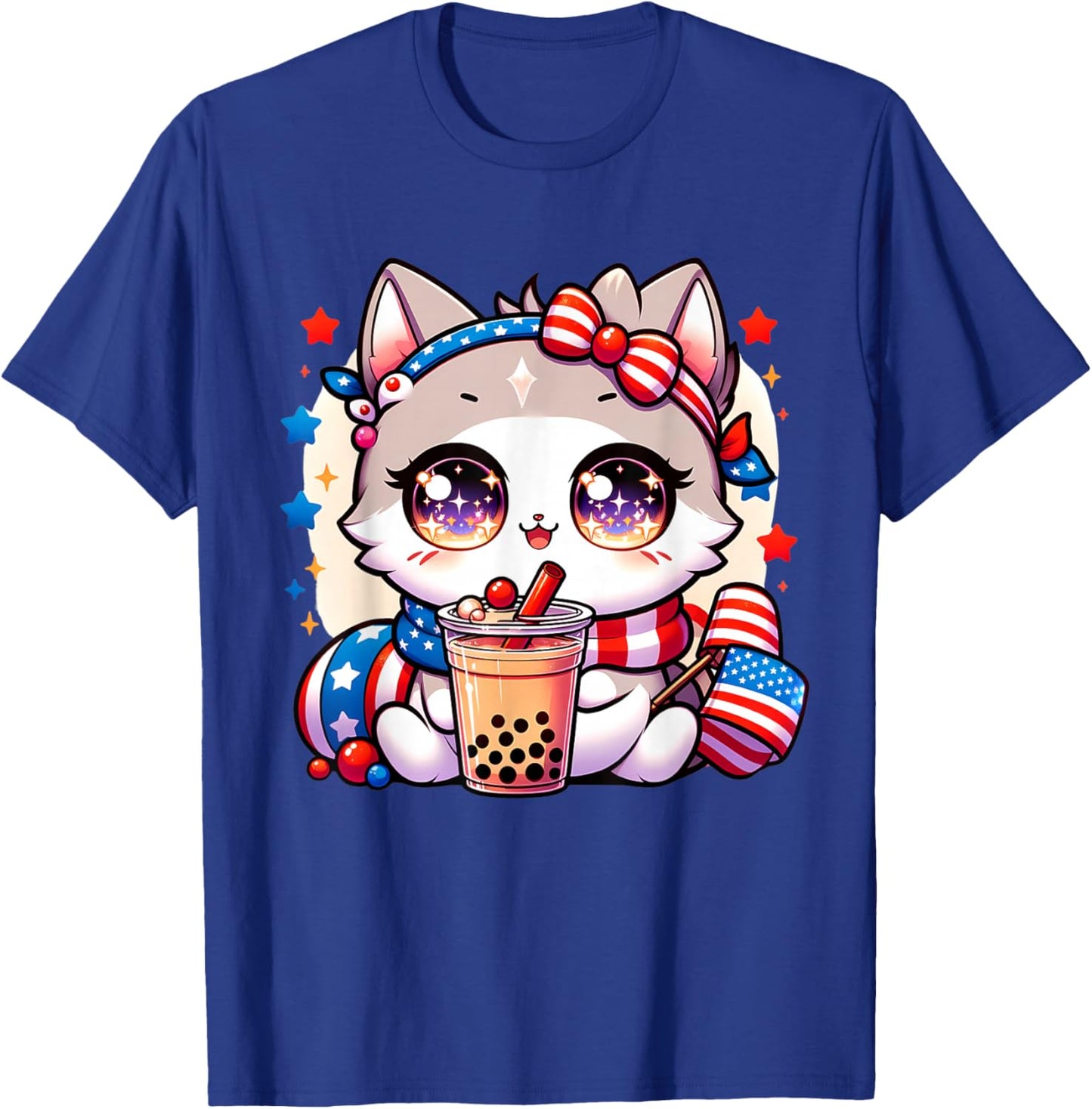 Cute 4th of July Cat Shirt Girls Kawaii Anime Boba Tea USA T-Shirt - T-Shirt | Royal