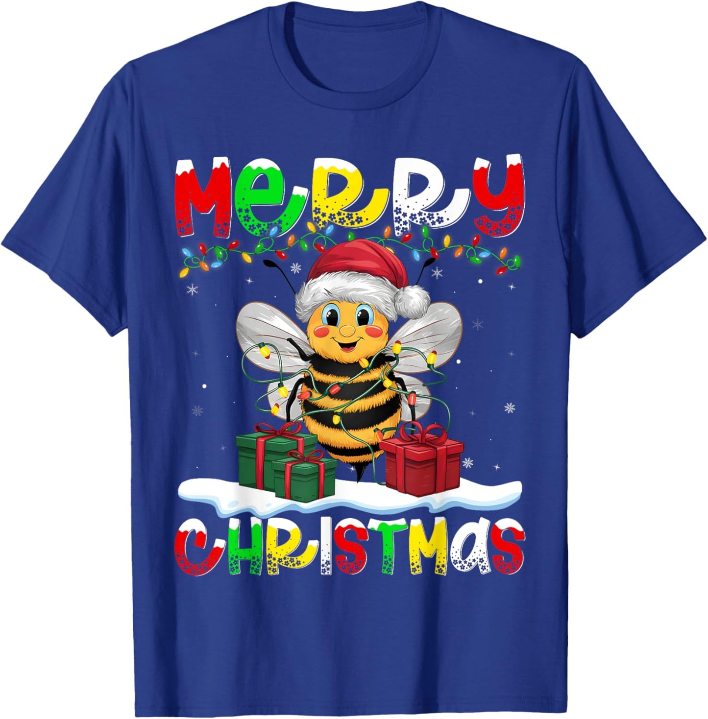 Xmas Lighting Santa Hat Bee Merry Christmas T-Shirt - T-Shirt | Royal